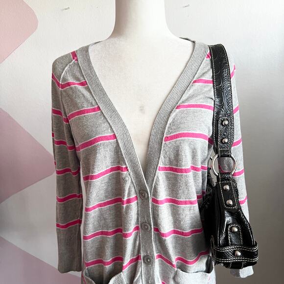 Pink Striped Cardigan, Y2K Indie Soft Girl Retro Tumblr Preppy Large - Picture 2 of 7